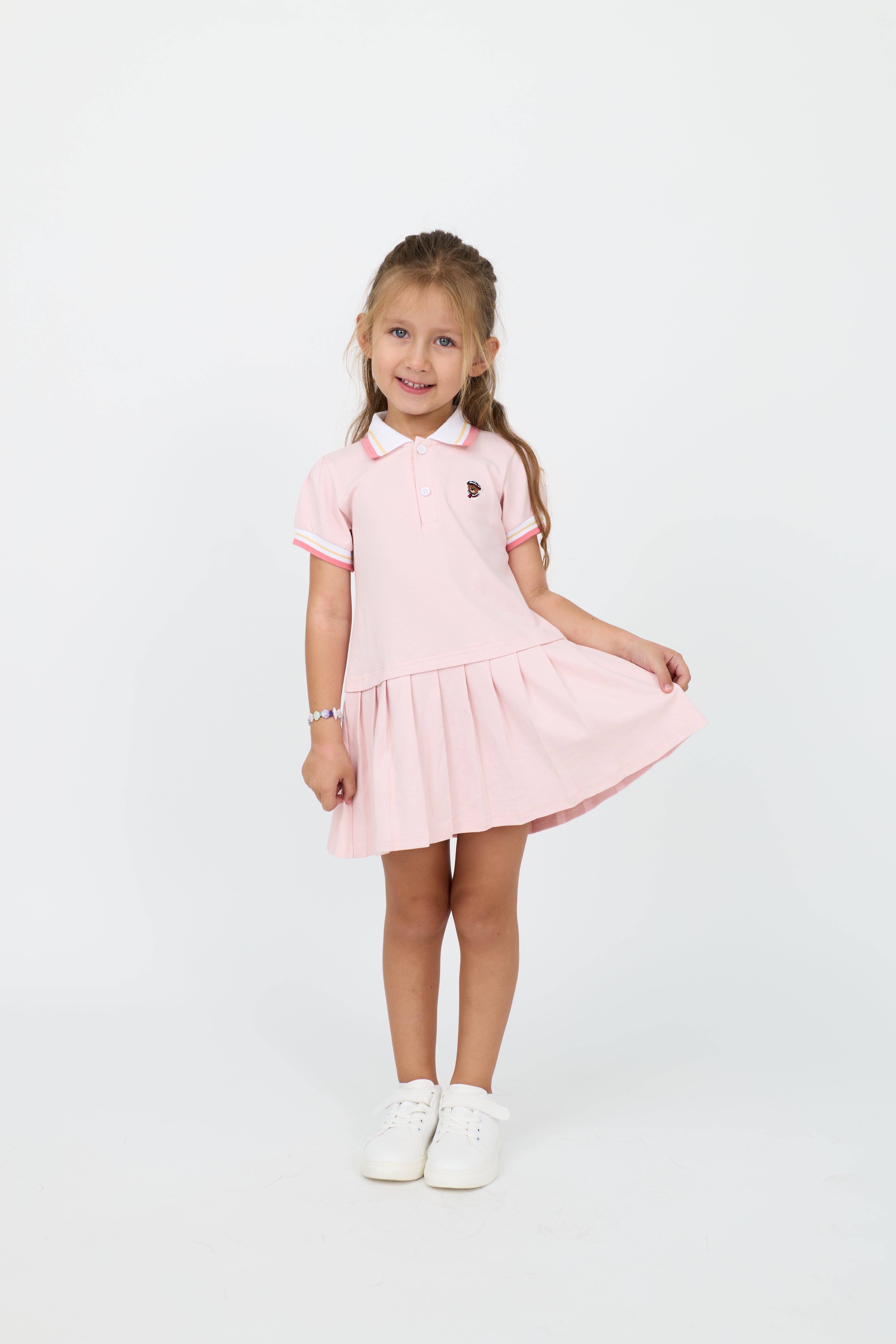 Kids' Cotton Preppy Pleated Dress with Tipping Collar