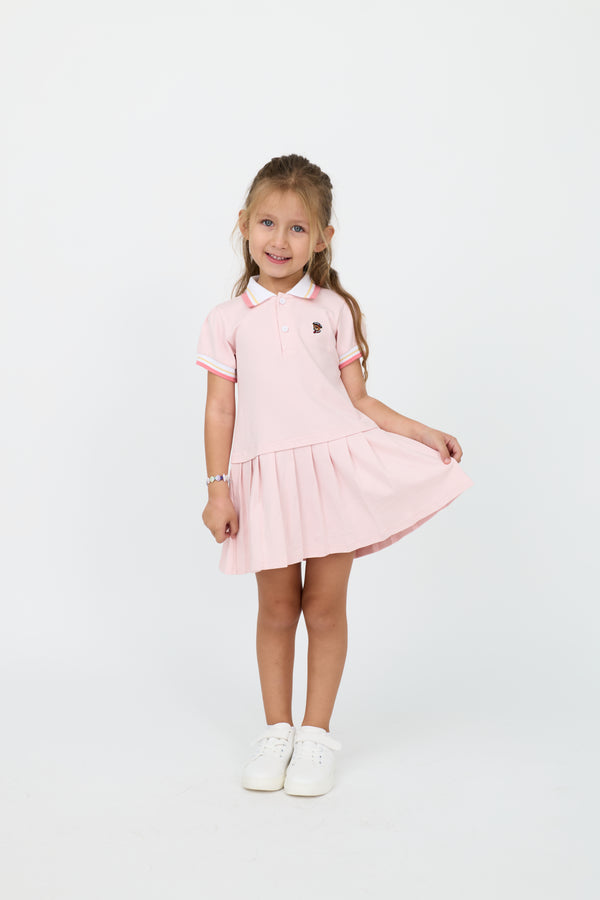 Kids' Cotton Preppy Pleated Dress with Tipping Collar