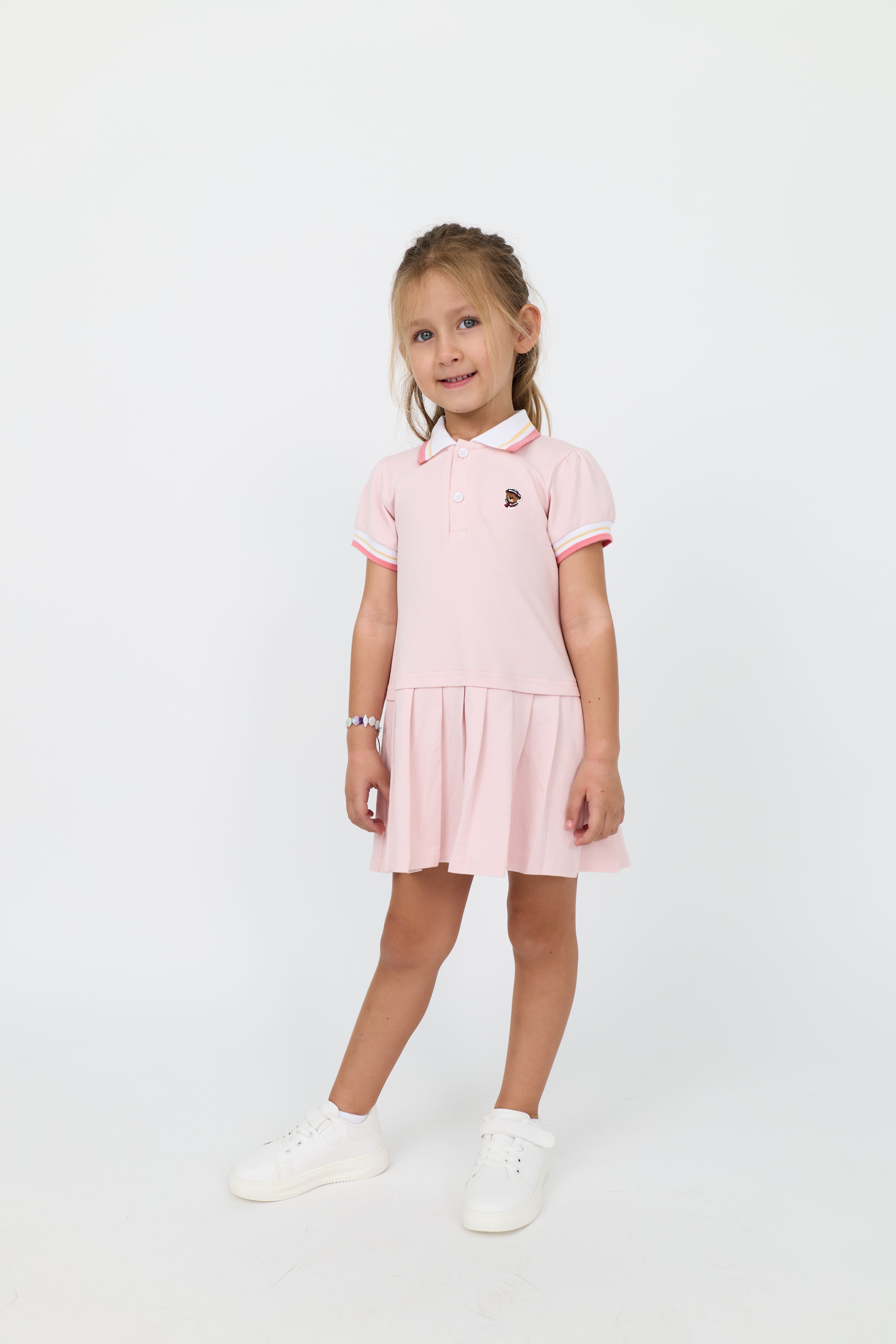 Kids' Cotton Preppy Pleated Dress with Tipping Collar