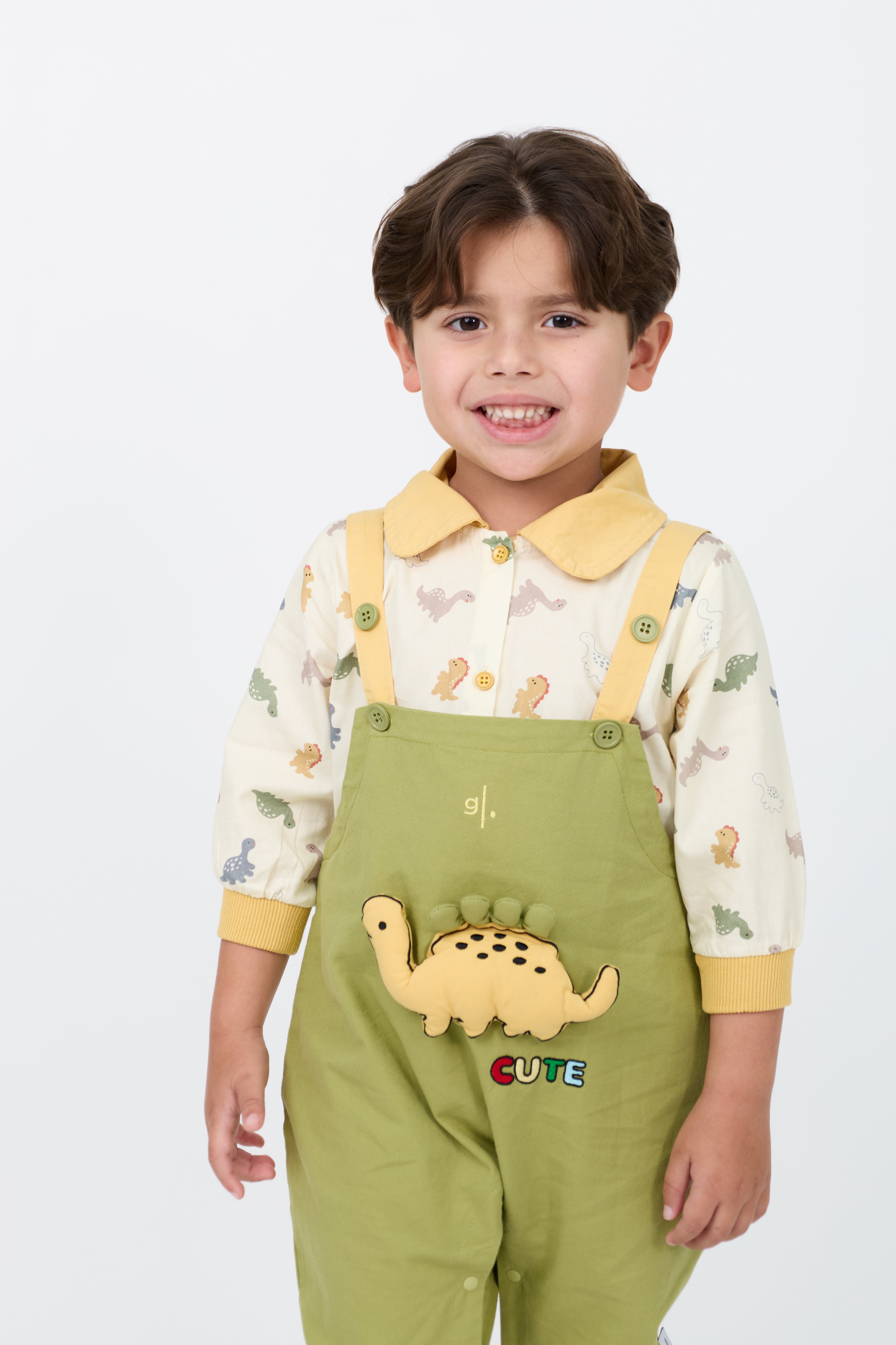 Kids' Dinosaur Print Shirt and 3D Dungaree Set Unisex
