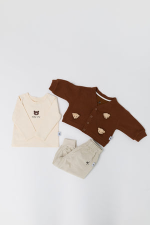 Kids’ 3-piece cotton set: Bear cardigan, tee & joggers