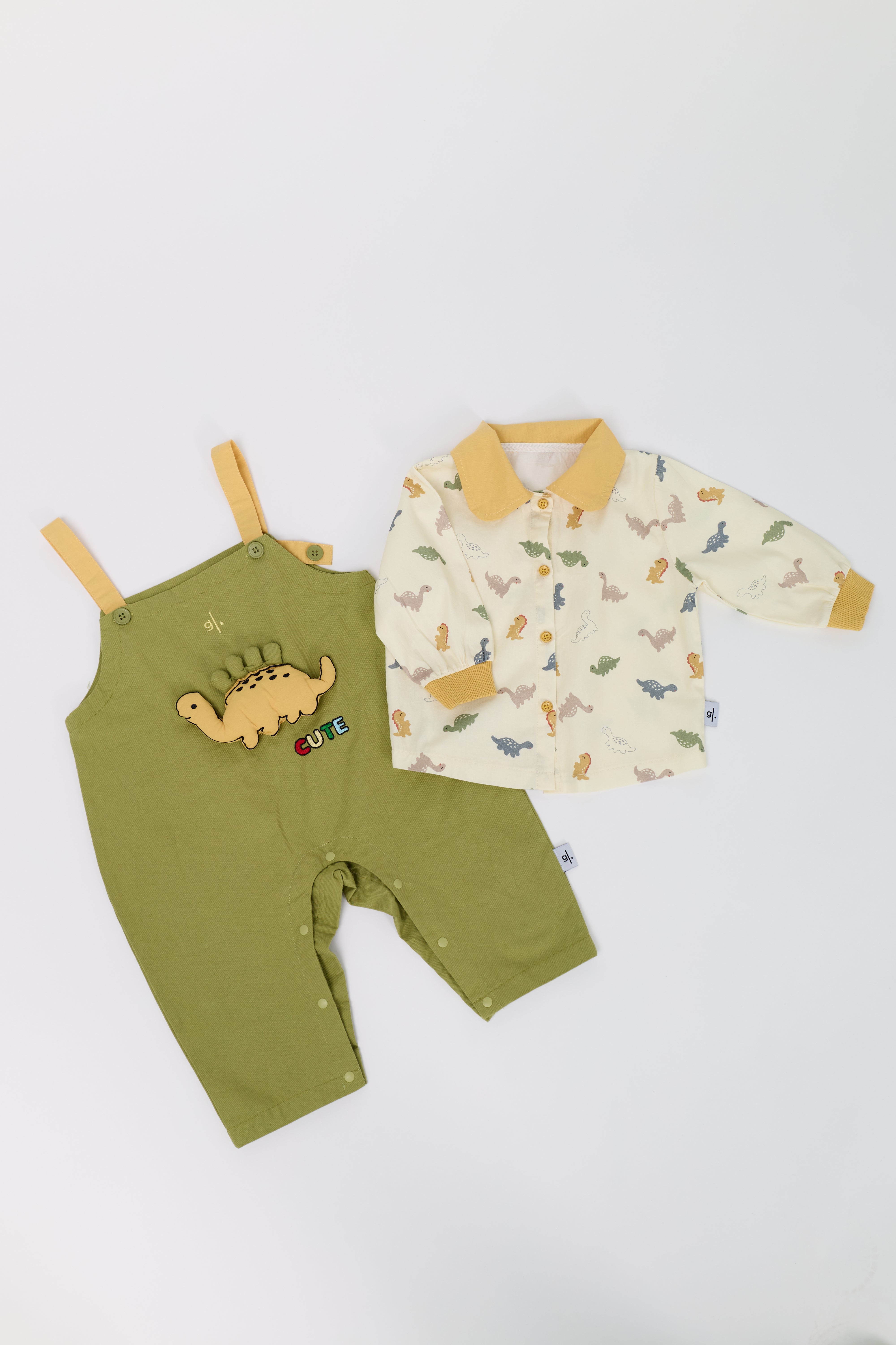 Kids' Dinosaur Print Shirt and 3D Dungaree Set Unisex